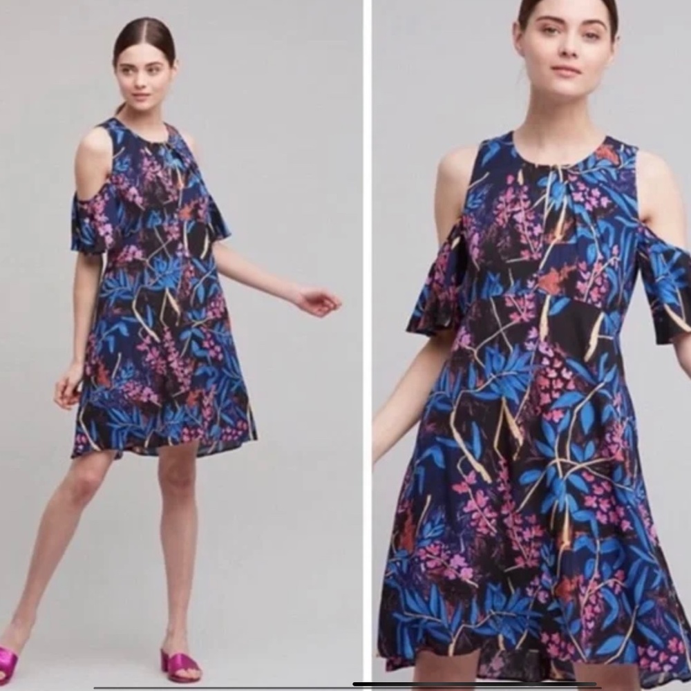 Anthropologie Maeve Elia Blue Pink Floral Cold Shoulder Dress Size 8